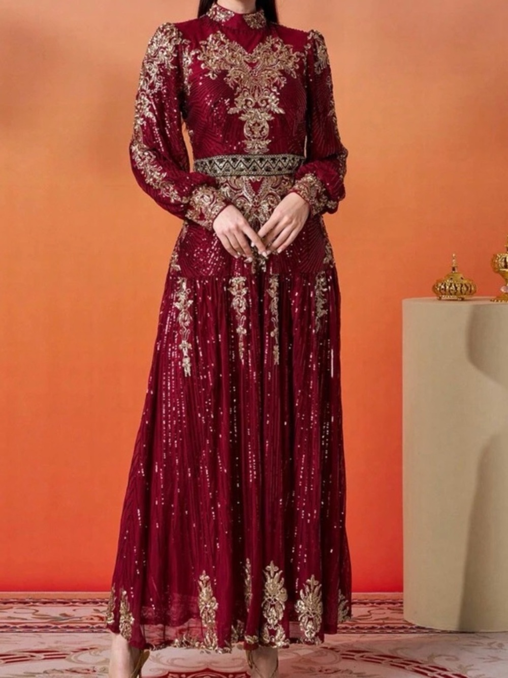 Embroidered Burgundy Beaded Prom Gown Royal